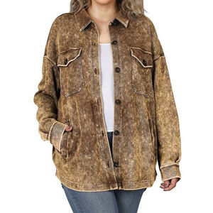 Zenana 1X Mineral Wash Oversized Cotton Shacket – Button Front Utility Jacket